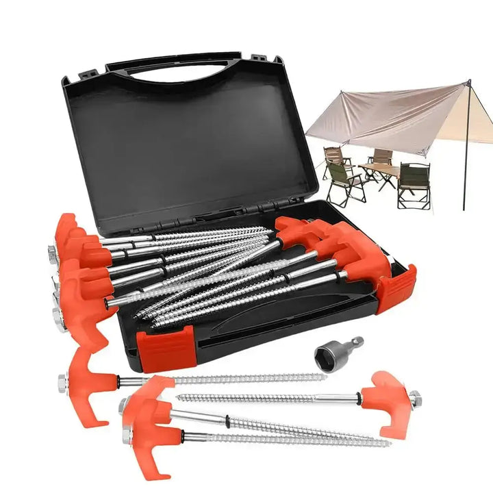 Camping tent metal stakes set in a black case with orange handles, shown with a tent and chairs for outdoor use.