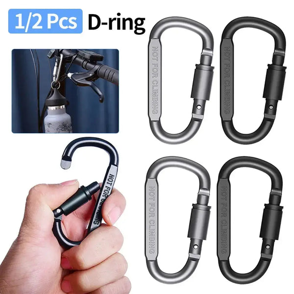 Carabiner Set 1/2 pcs, D-ring design, multifunctional aluminum alloy hooks for camping and climbing, shown on backpack and hand.