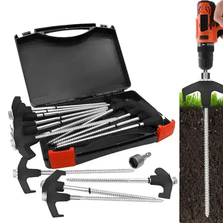 Screw in tent stakes set with drill, metal camping pegs, heavy duty spiral screw stakes, ground anchors in carrying case.