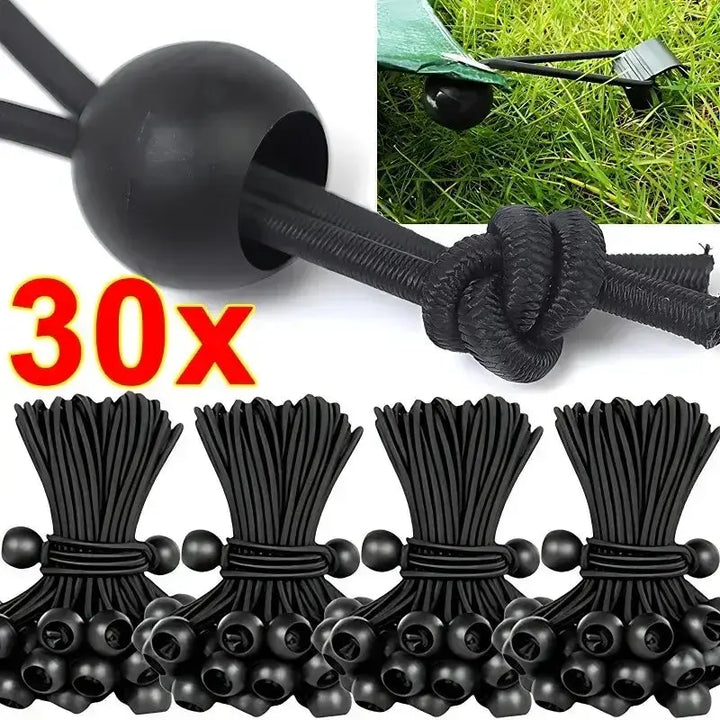 Black elastic ball bungee cords for tarpaulin canopy fixing, 30-pack, durable tie-downs for outdoor tent and shelter setups.