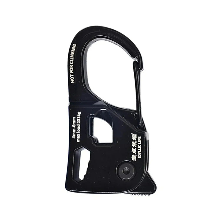 Black carabiner rope tensioner with "Not for Climbing" text, designed for securing tents, made of durable material.