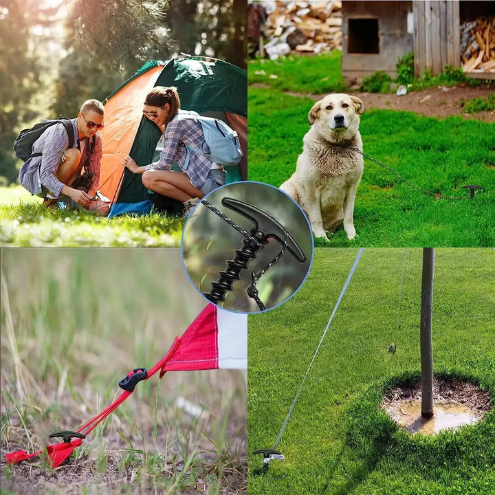 "Outdoor camping tent pegs and ground nails used for tents, canopies, and pet containment in various outdoor settings."