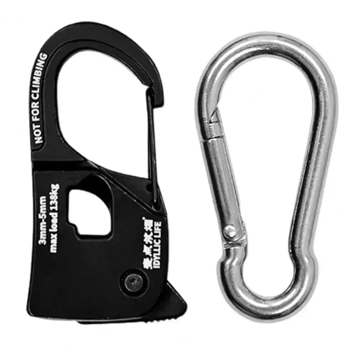 Black aluminum rope tensioner with silver carabiner for camping tent cord adjustments, lightweight and rustproof.