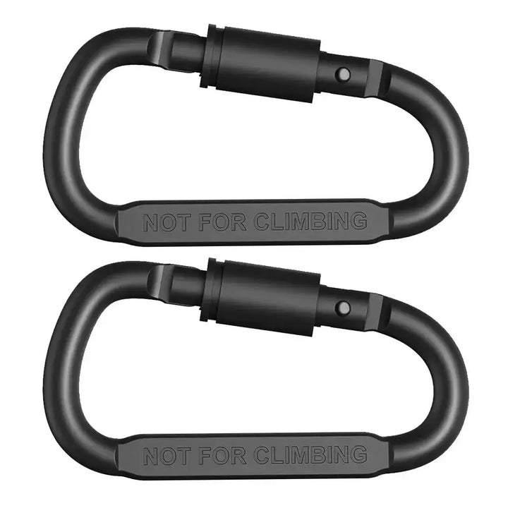 Black D-shape mini carabiner set of 2 with locking mechanism, labeled "Not for Climbing", made of durable aluminum alloy.