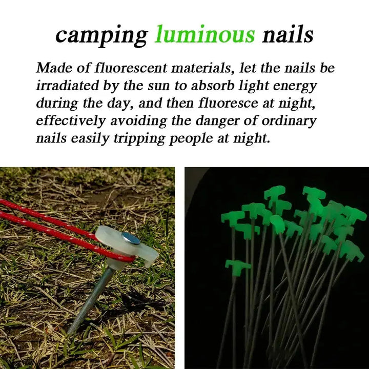 Luminous tent stakes with fluorescent pegs for camping, glowing in the dark to prevent tripping hazards at night.