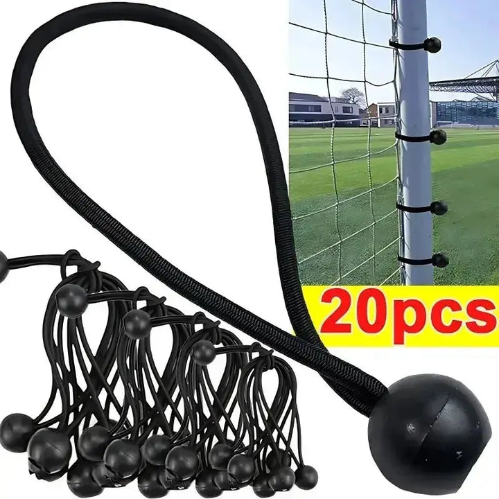 Black elastic ball bungee cords, 20 pieces, ideal for securing tarps, tents, and cargo, with use in outdoor and automotive settings.