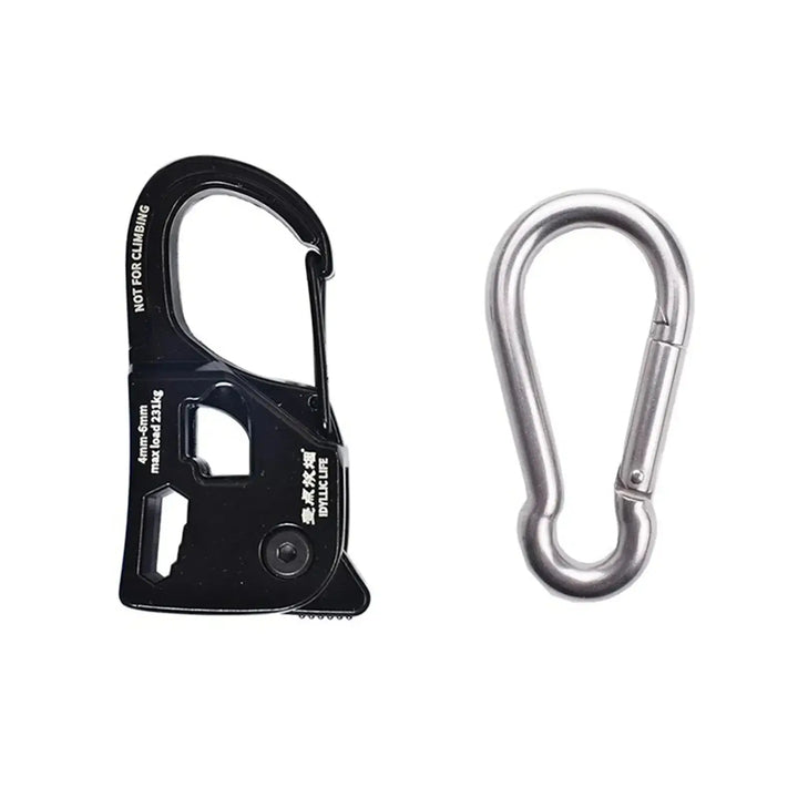 Aluminum alloy tent rope tensioner and carabiner, rustproof and portable for camping and outdoor use.