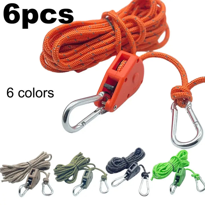 6pcs reflective camping tent rope set with fastener and pulley in six colors including orange, khaki, green, black, shown in image.