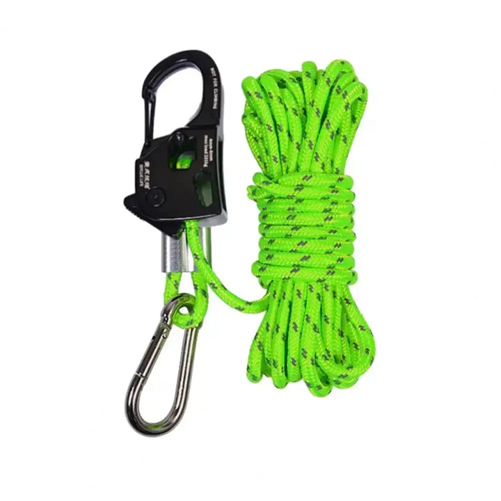 Green tent rope with aluminum alloy tensioner and carabiner clip, durable and rustproof for camping and outdoor use.