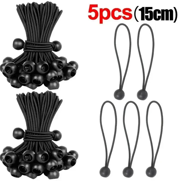 Black elastic ball bungee cords, 5-piece set, 15cm length, durable tarp tie down for tents, awnings, and cargo securing.