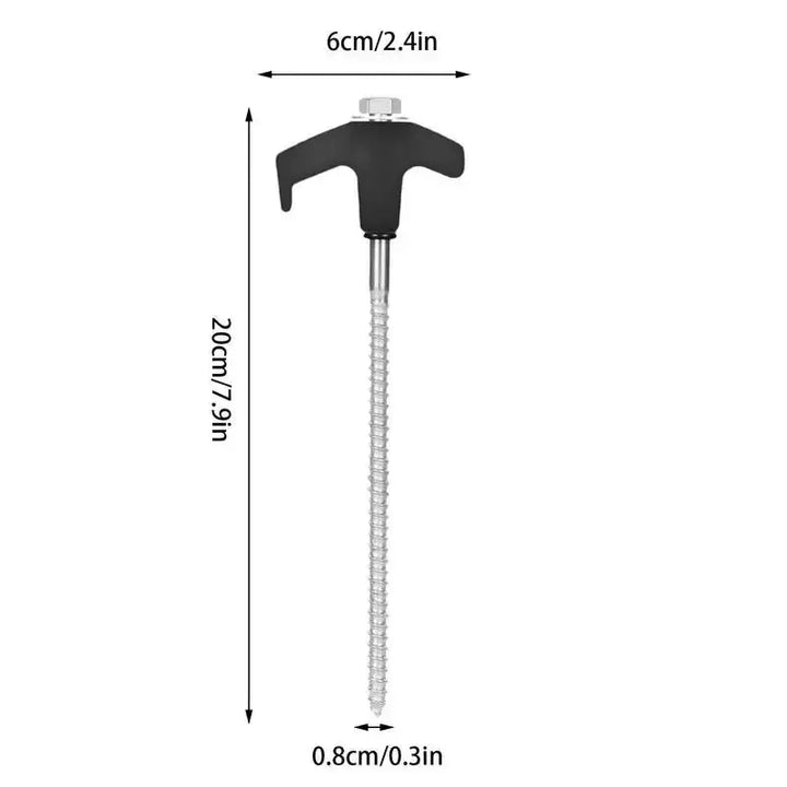 Heavy-duty metal tent stake with handle, 20cm length, 0.8cm width, ideal for anchoring tents securely in the ground.