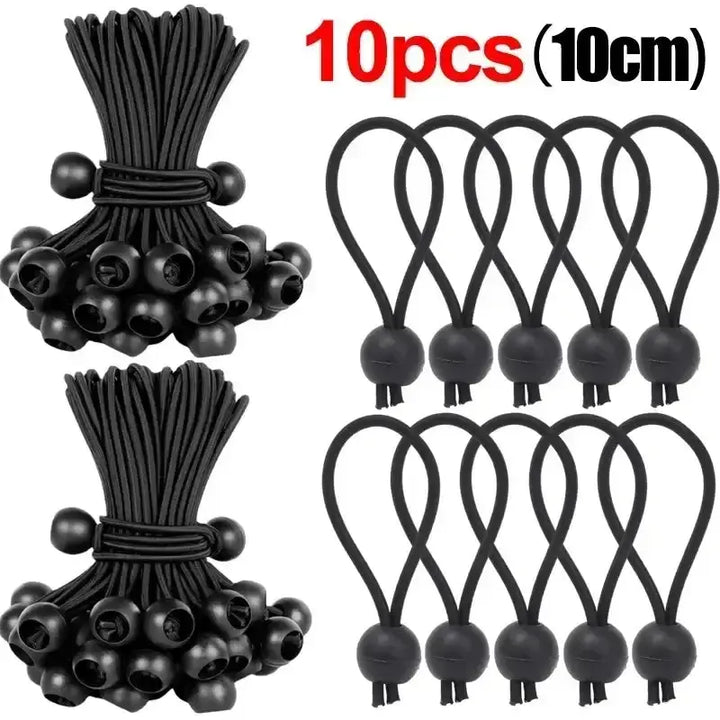 Set of 10 black elastic bungee cords, 10cm long, for securing tents and tarpaulins, ideal for outdoor use and cargo tie-down.