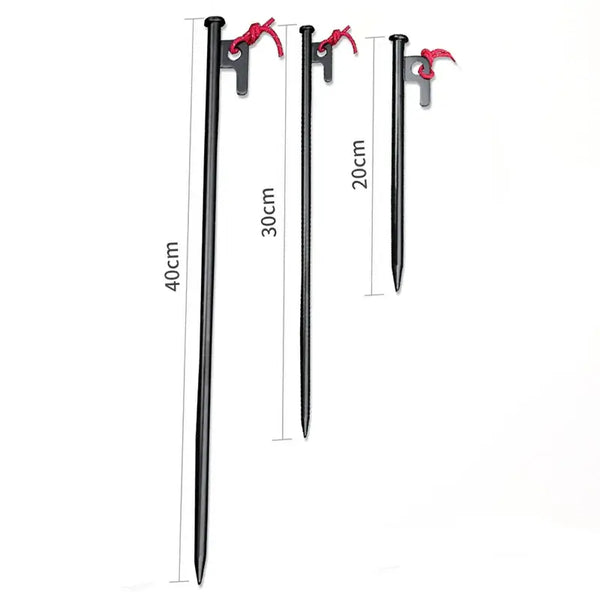 Set of 40cm, 30cm, 20cm steel tent pegs and stakes with red rope, ideal for outdoor camping, canopy support, sunshade tarps.