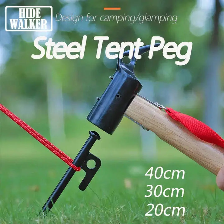 Steel tent peg being hammered into the ground with a red rope, available in 40cm, 30cm, and 20cm sizes for camping.