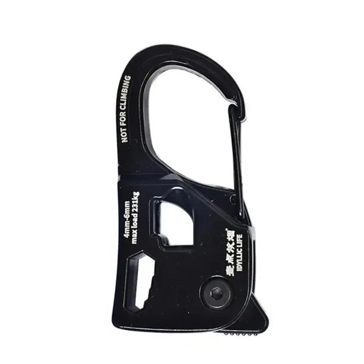 Black aluminum alloy carabiner rope tensioner for camping and outdoor use, not for climbing.