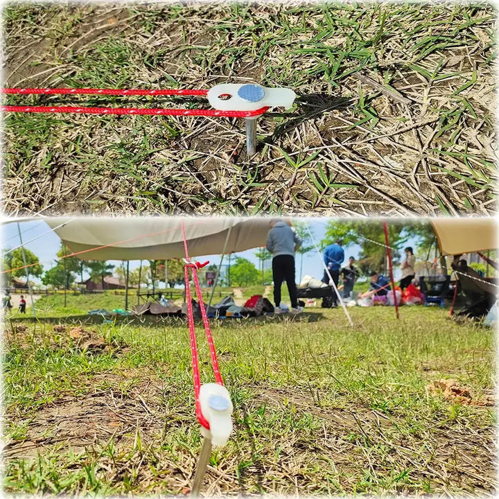 Luminous tent stakes securing a tarp at an outdoor campsite, showcasing fluorescent pegs and red ropes on grassy ground.