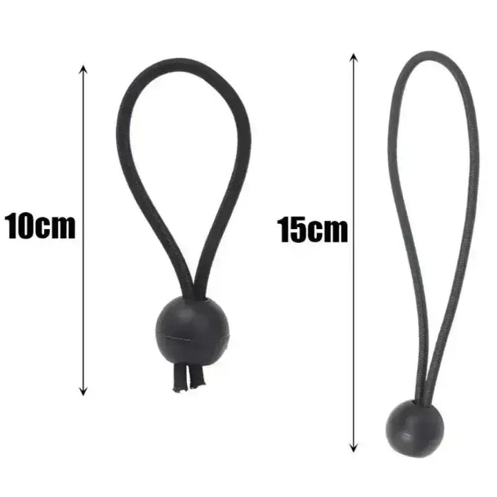 Black elastic ball bungee cords in 10cm and 15cm sizes for securing tarps, awnings, and cargo outdoors.