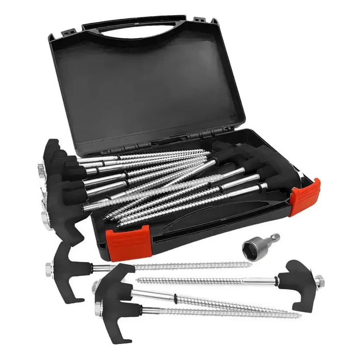 Heavy-duty metal tent stakes set in case, featuring spiral screw design for secure camping and easy ground anchoring.