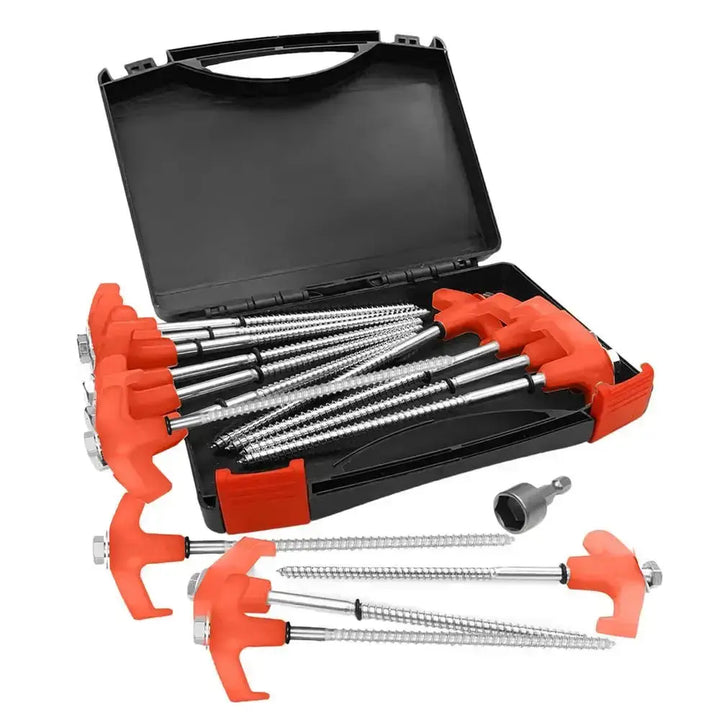 Heavy-duty spiral screw tent stakes set with orange handles, includes 15 metal stakes in a black carrying case for camping and outdoor use.