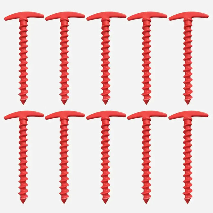 Red ABS camping tent pegs set, 10 pieces, ideal for outdoor activities like hiking and fishing, 5.7in height, windproof ground stakes.