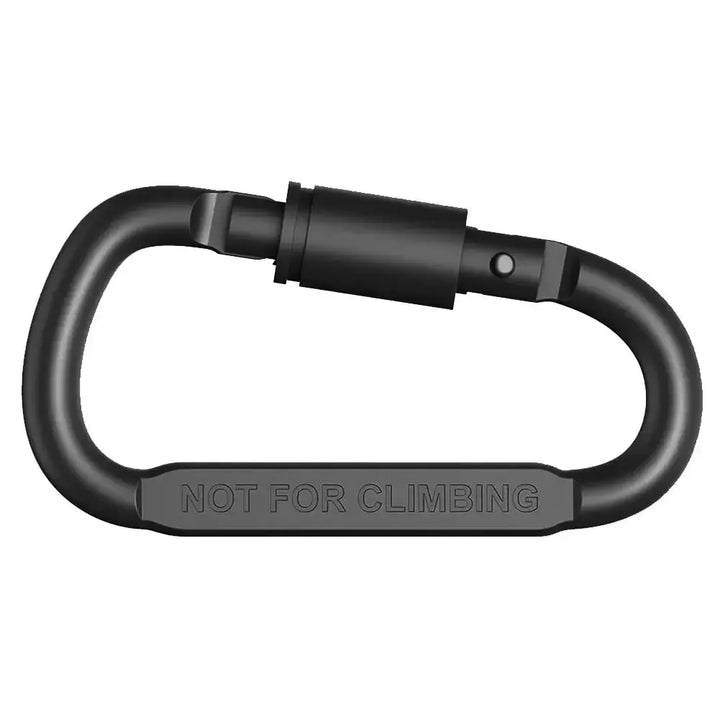 Black D-shape carabiner with "Not for Climbing" text, made of aluminum alloy for multifunctional use.