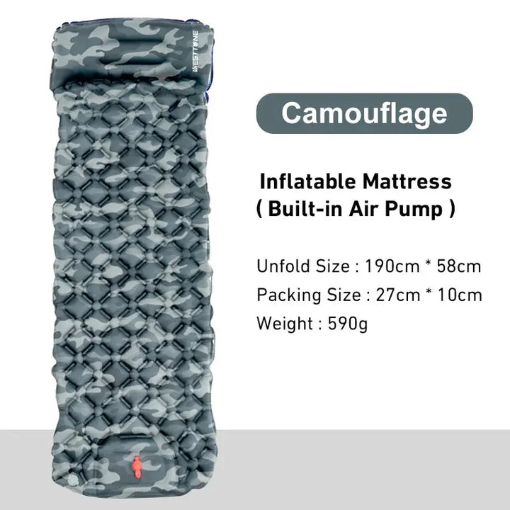 Outdoor Sleeping Pad Camping Inflatable Mattress Built-in Pump Ultralight Air Cushion Travel Mat With Headrest For Travel Hiking EcoCampers