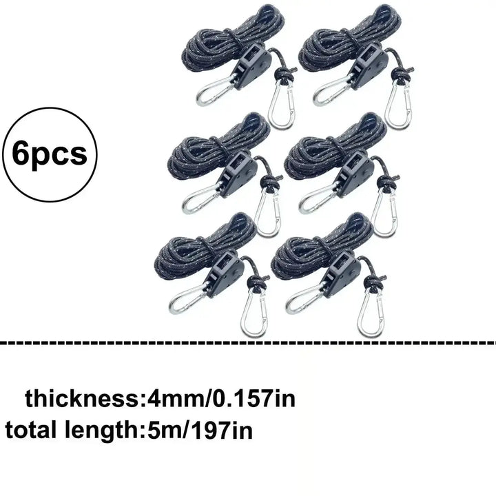 Six reflective camping tent ropes with fasteners and pulleys, 4mm thick, 5m long, suitable for outdoor use in black color.