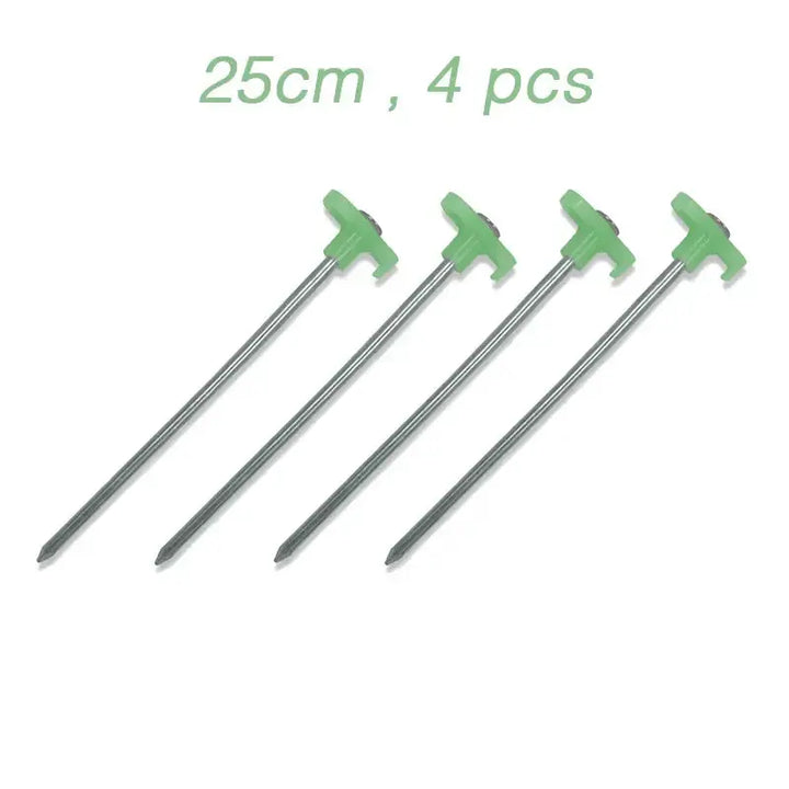 Four 25cm luminous tent stakes with green fluorescent tops for outdoor camping, made of high hardness steel and plastic.