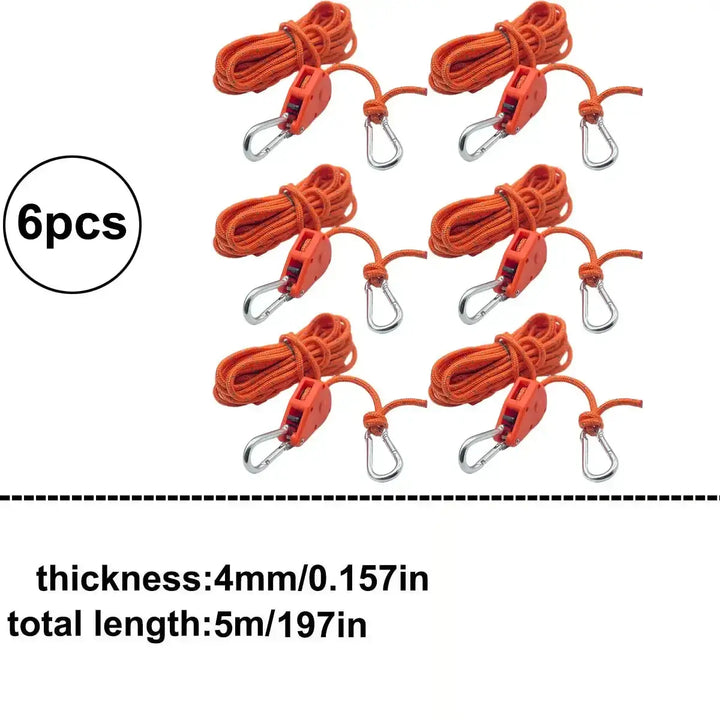 Six orange camping tent ropes with buckles and hooks, 4mm thickness, 5m length, for outdoor use and wind resistance.