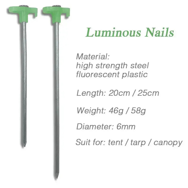 Luminous tent stakes with high-strength steel and fluorescent plastic, suitable for tent or canopy, 20cm/25cm length, shown in green.