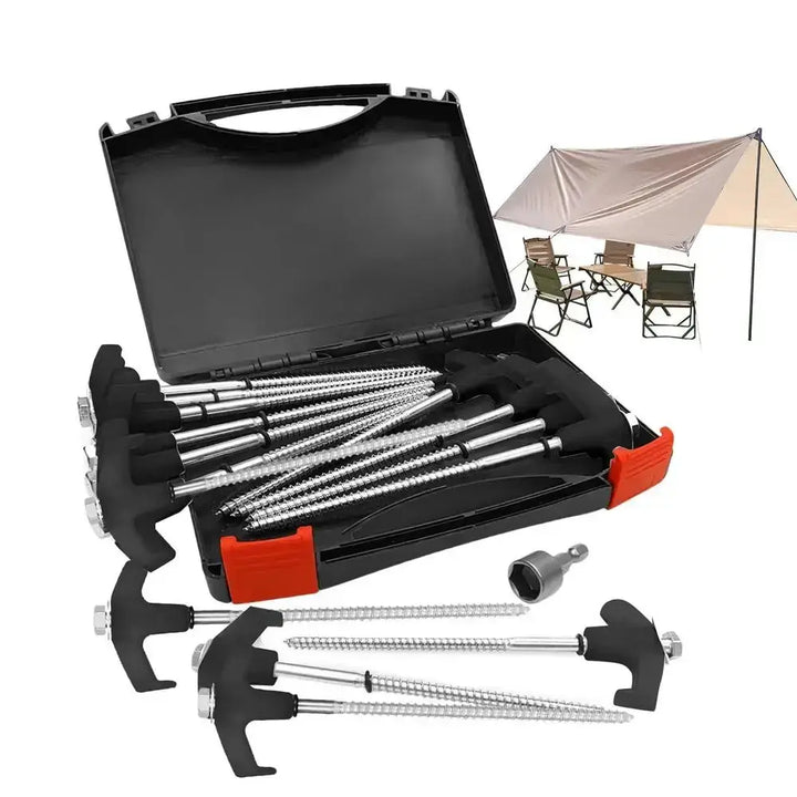 Set of 15 metal tent pegs and screw-in ground anchors in a case, ideal for camping and securing tents, with chairs and canopy in the background.