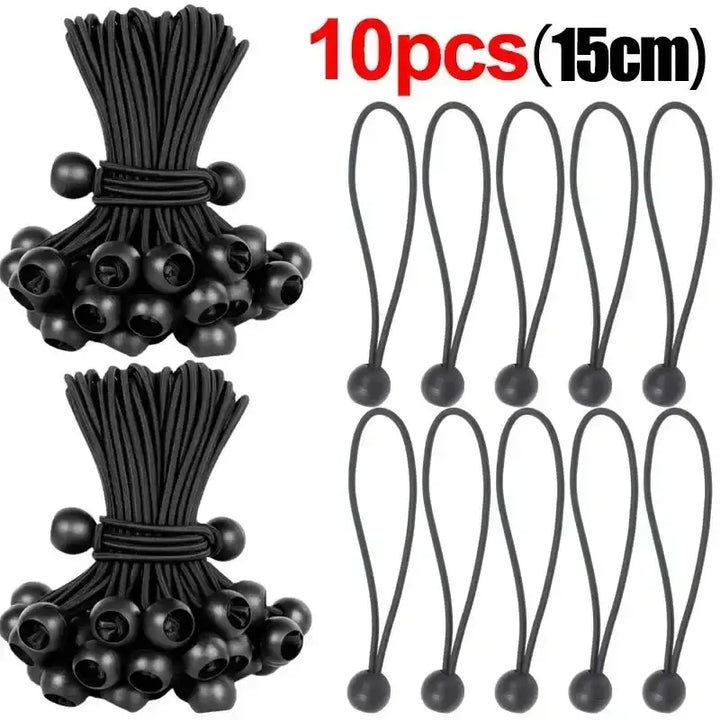 Black elastic ball rope bungee cords, 10 pieces, 15cm in length, ideal for securing tarps, tents, and cargo outdoors.