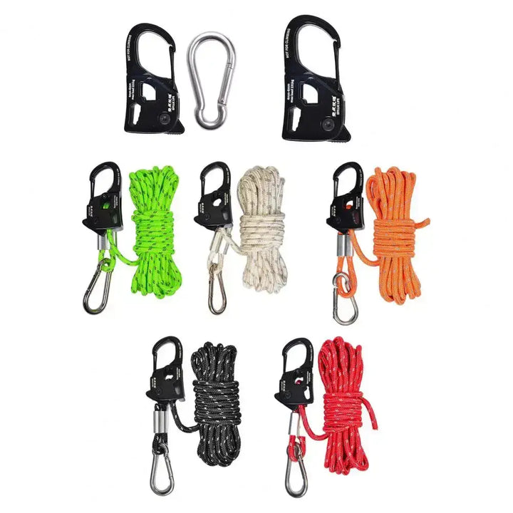 "Aluminum alloy tent rope tensioners with colorful cords and carabiner hooks, ideal for camping and outdoor use."