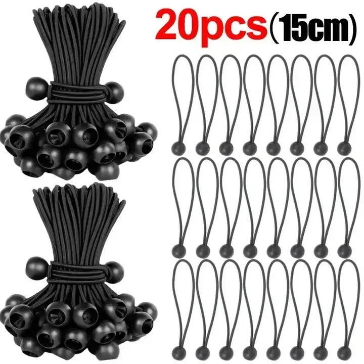 Black elastic bungee cords, 20 pieces, 15cm length, ideal for securing tents, tarps, and cargo.