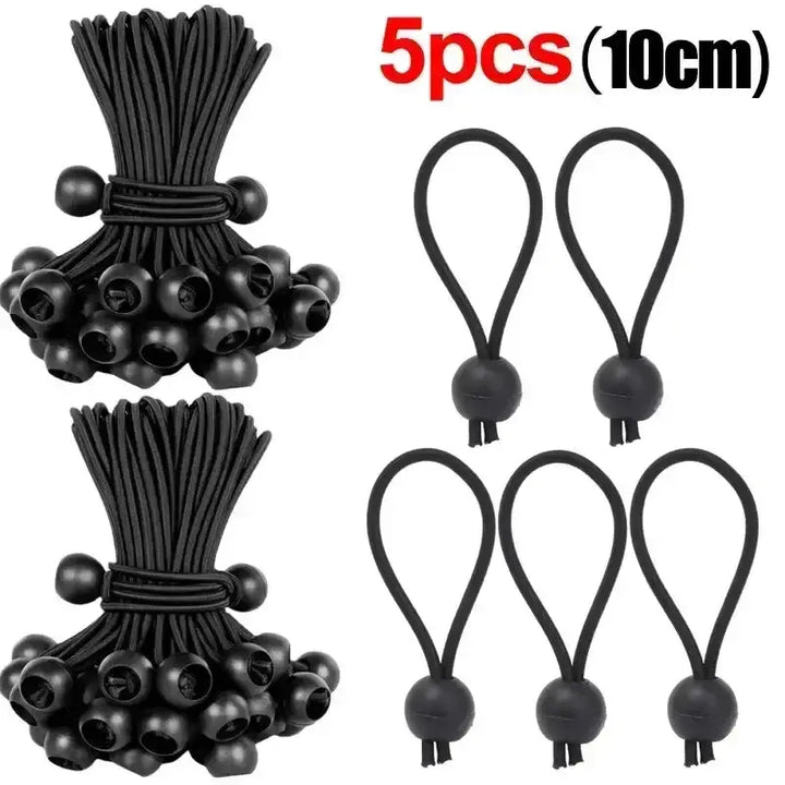 Black elastic ball bungee cords 10cm for tent, tarp, and cargo tie-down, pack of 5, durable outdoor fixing solution.