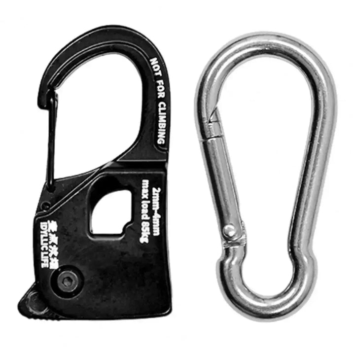 Mini aluminum rope tensioners with carabiner for camping tents, lightweight and rustproof, perfect for quick and easy cord adjustments.