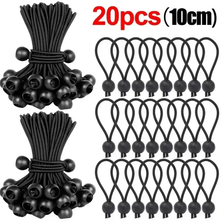 Black elastic ball rope bungee cords, 20 pieces, 10cm length, for tarpaulin and canopy tie down, heavy duty outdoor use.