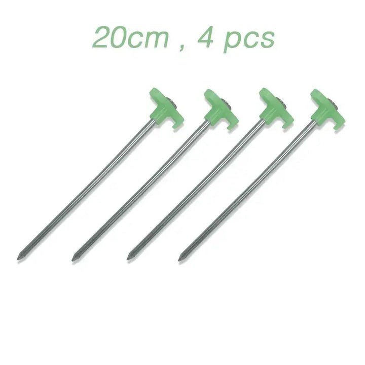 20cm fluorescent tent stakes pack of 4, high hardness steel with green tops, ideal for camping and tarp setups.