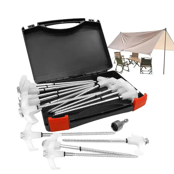 Screw-in metal tent stakes set with carrying case, ideal for camping and securing outdoor decorations.