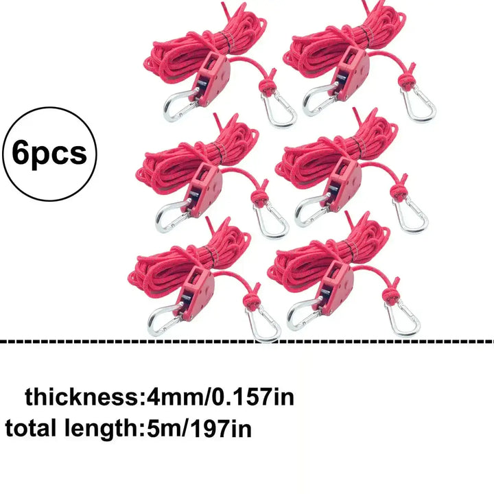 6pcs red reflective camping tent ropes with ratchet fasteners, 4mm thickness, 5m total length, for outdoor use