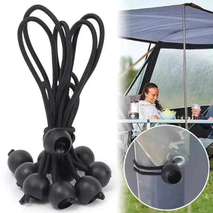 Black elastic bungee cords for securing tarps and awnings, ideal for outdoor tents and shelters, shown in use with canopy.