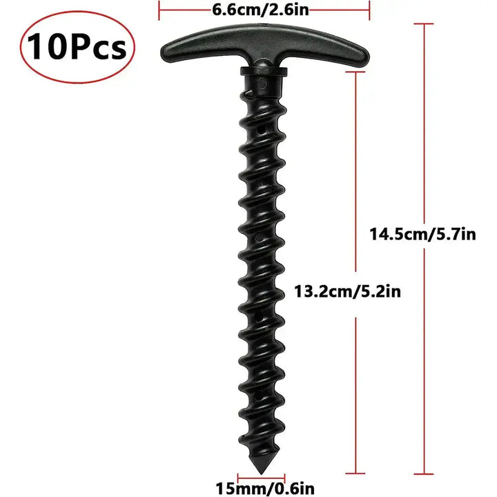 10Pcs outdoor camping tent pegs, screw anchor stakes made of durable ABS, 14.5cm height, perfect for securing tents and canopies.