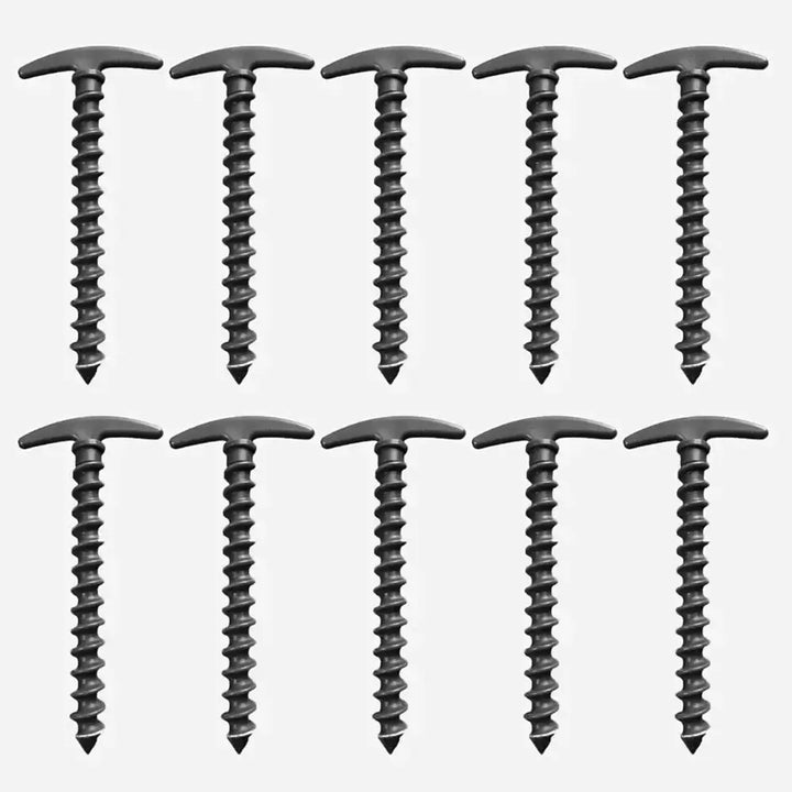 Set of 10 black ABS outdoor camping tent pegs, screw anchor stakes for secure ground fixing, ideal for tents and outdoor activities.