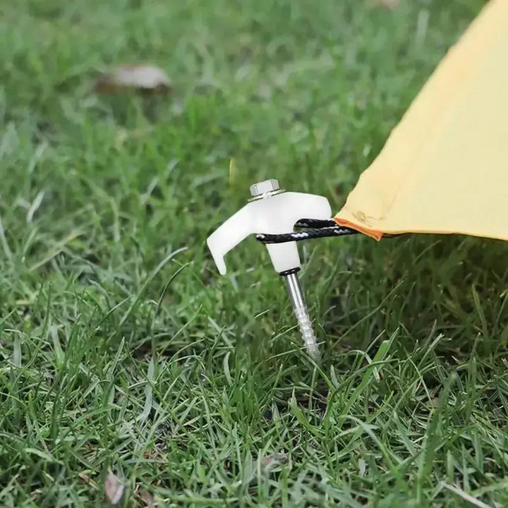 Camping tent secured with a metal stake in grassy ground.