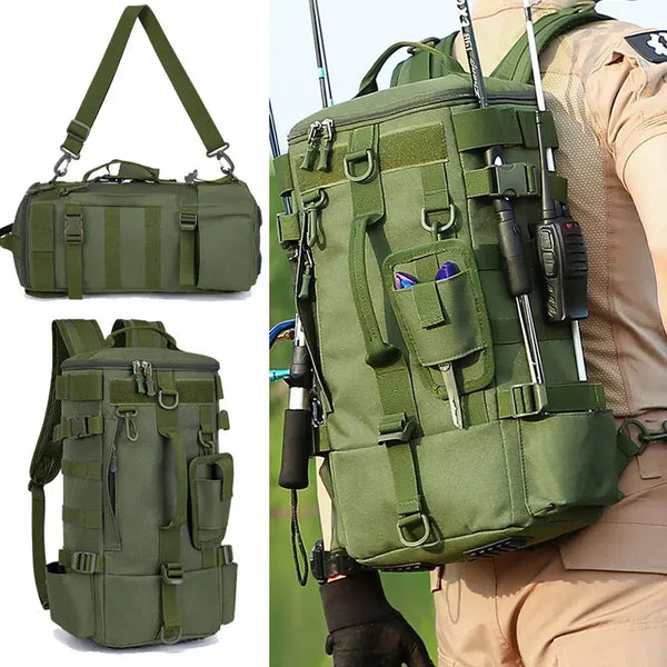 Multifunctional Fishing Backpack Tackle Bag with Rod Holders Fish Equipment Storage Molle Pack Camping Hiking Outdoor Sports Bag