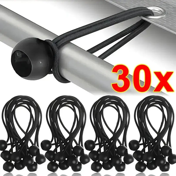 Black elastic bungee cords securing tarp, 30 pack for tent fixing, canopy tie down, and cargo use. Heavy duty outdoor rope.