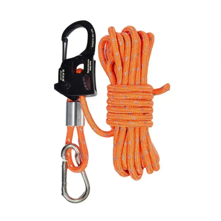 Orange rope with black carabiner, durable aluminum alloy tent accessory for secure camping setup.