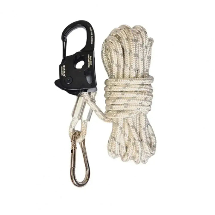 "Aluminum alloy tent rope tensioner with coiled cord and carabiner clip"