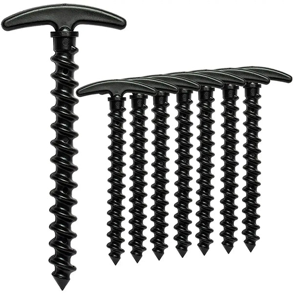 Black ABS spiral tent pegs for outdoor camping, set of 10 screw anchor stakes for secure ground mounting, 14.5cm height.