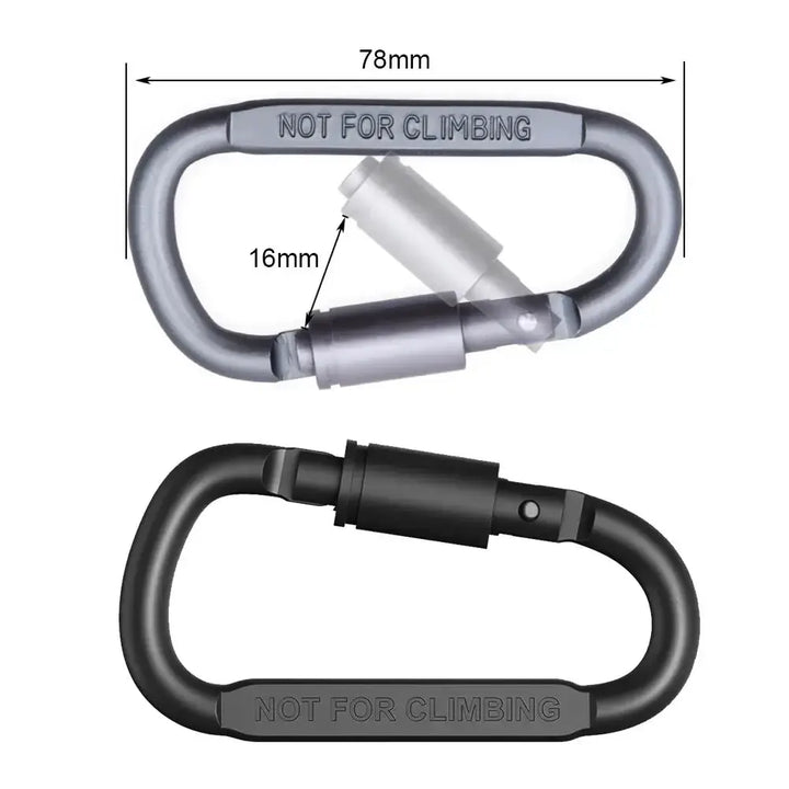 Carabiner Set, D-shaped locking hooks, with dimensions shown, made from durable aluminum alloy for multifunctional use, not for climbing.